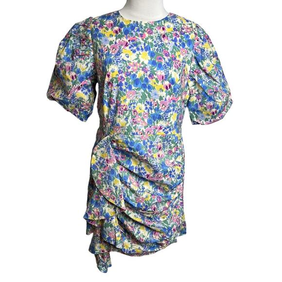 En Saison Ruched Floral Puff Sleeve Mini Day Dress Sz M - Picture 3 of 8